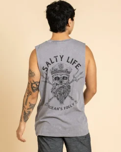 Salty Life Captain's Curse Muscle Tank Lt Grey Acid Discount