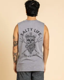 Salty Life Captain's Curse Muscle Tank Lt Grey Acid Discount