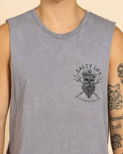 Salty Life Captain's Curse Muscle Tank Lt Grey Acid Discount