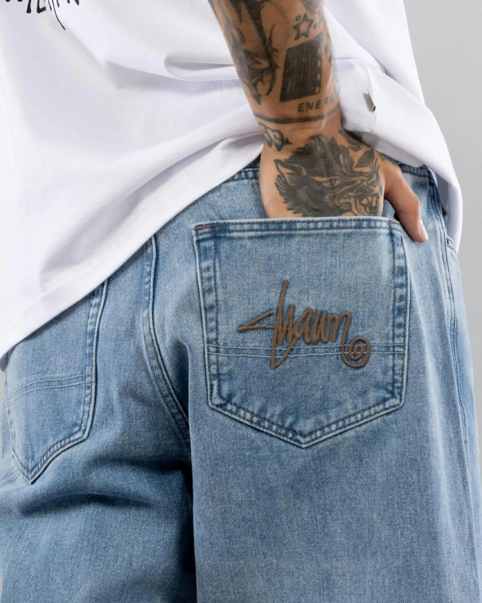 S-Double Embroided Denim Standard Jeans Fade Wash New