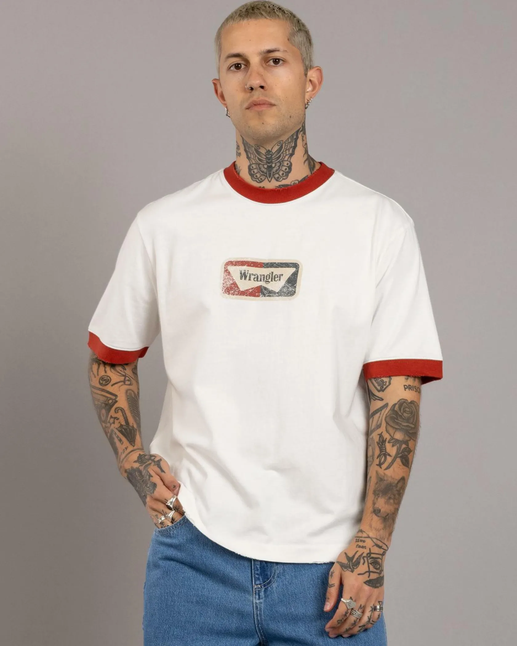 Wrangler Gas Ringer T-Shirt Vintage White New