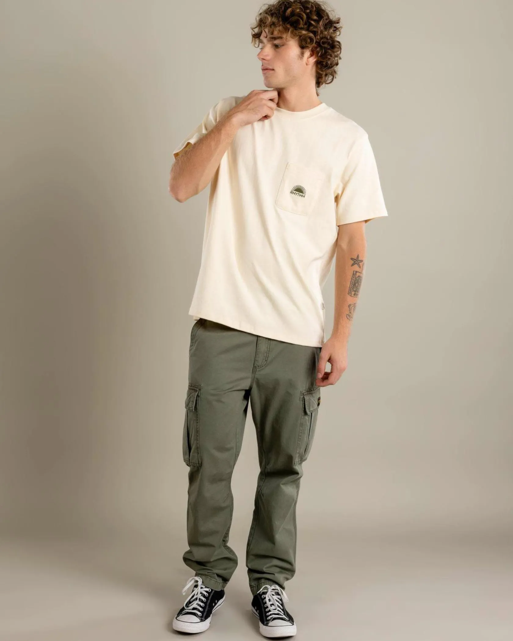 Rhythm Heavy Vintage Pocket Emblem T-Shirt Natural Clearance
