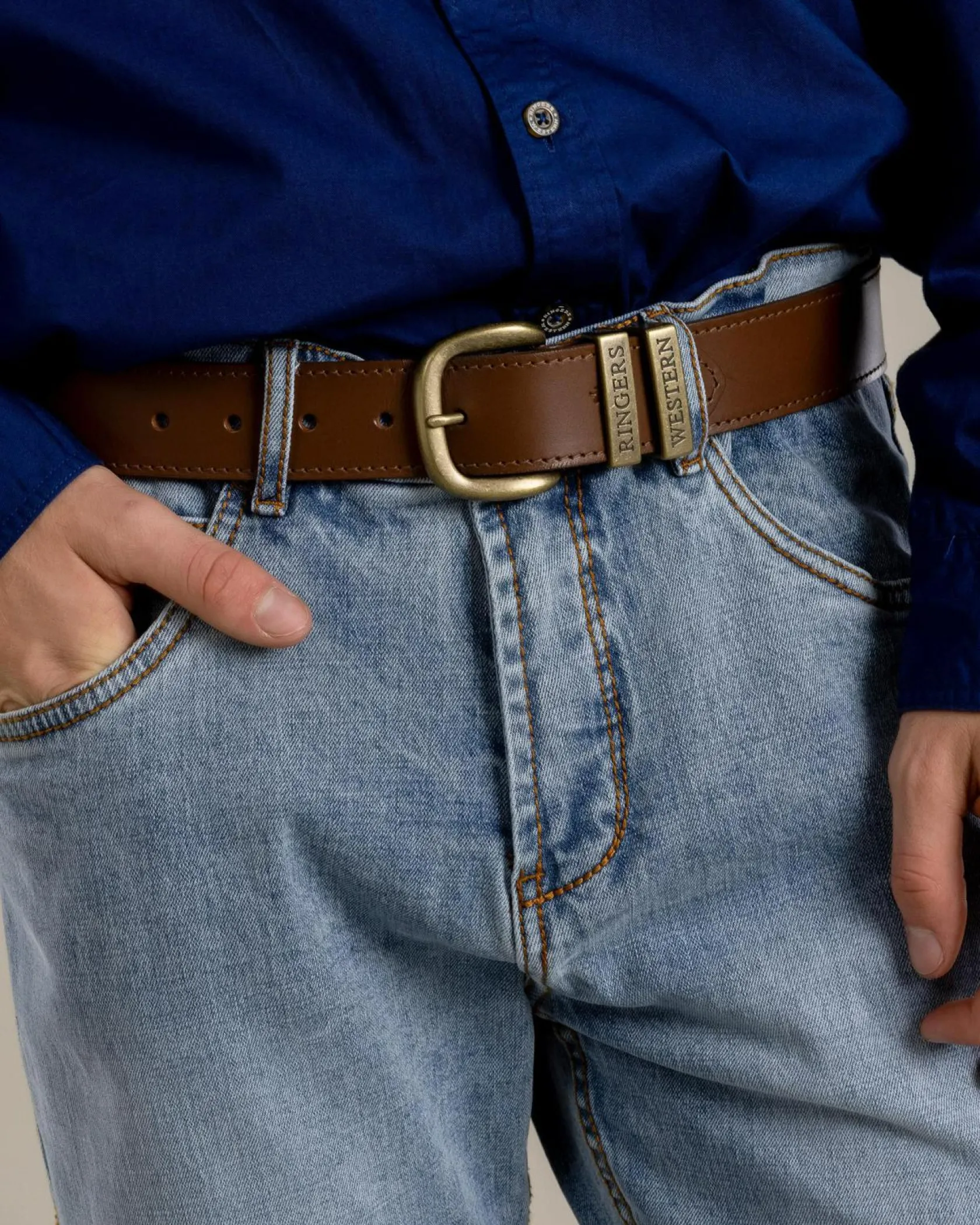 Ringers Western James Leather Belt Tawny Brown/gold Clearance