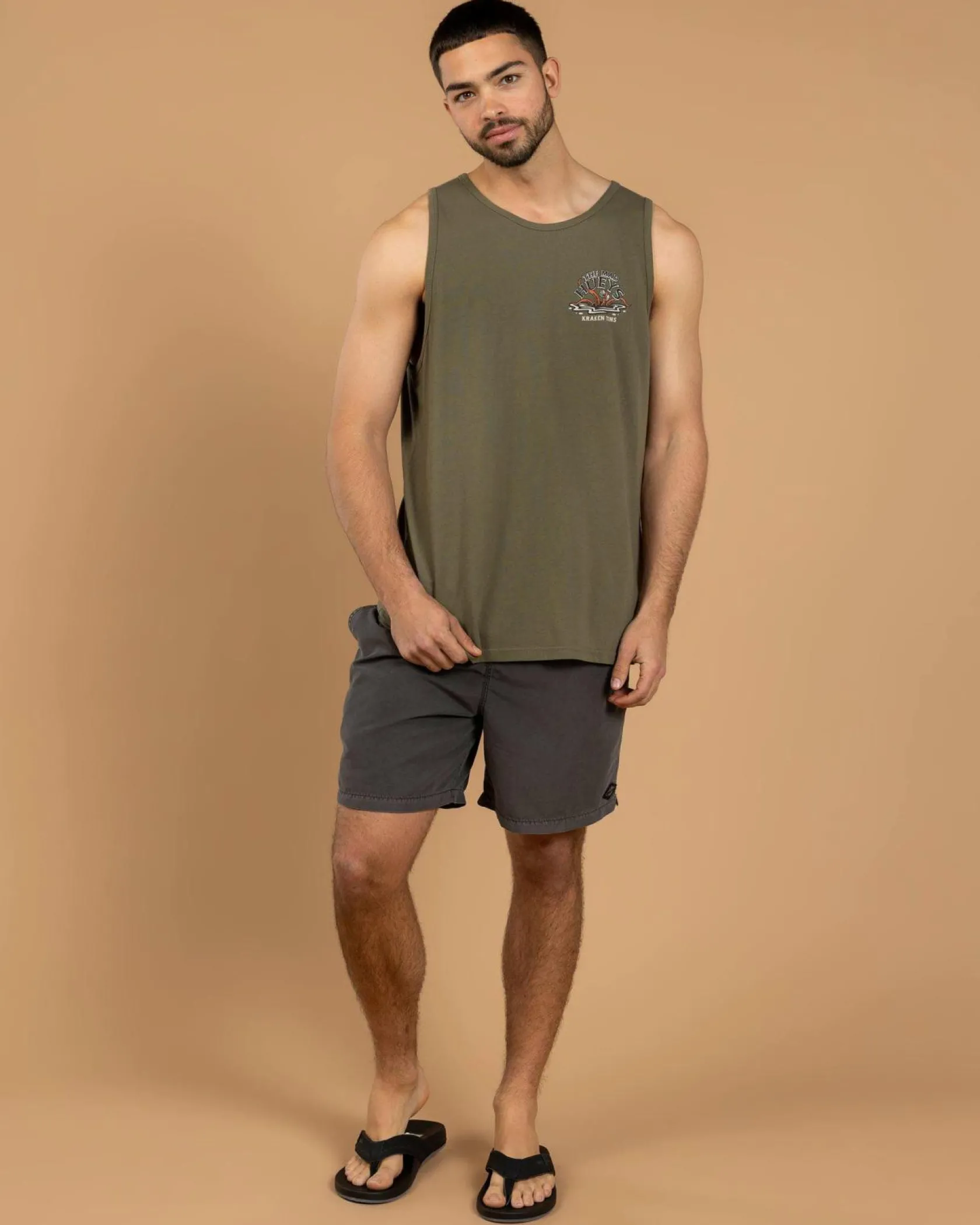 The Mad Hueys Kraken Port Hole Singlet Tank Olive Discount