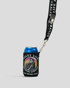 Salty Life Last Drinks Lanyard Stubby Cooler Black Discount