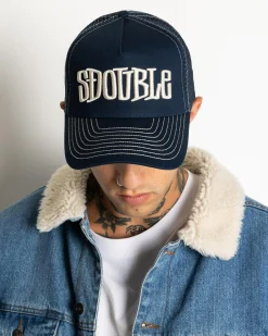 S-Double Mid-Block Curved Peak Trucker Cap Navy Clearance