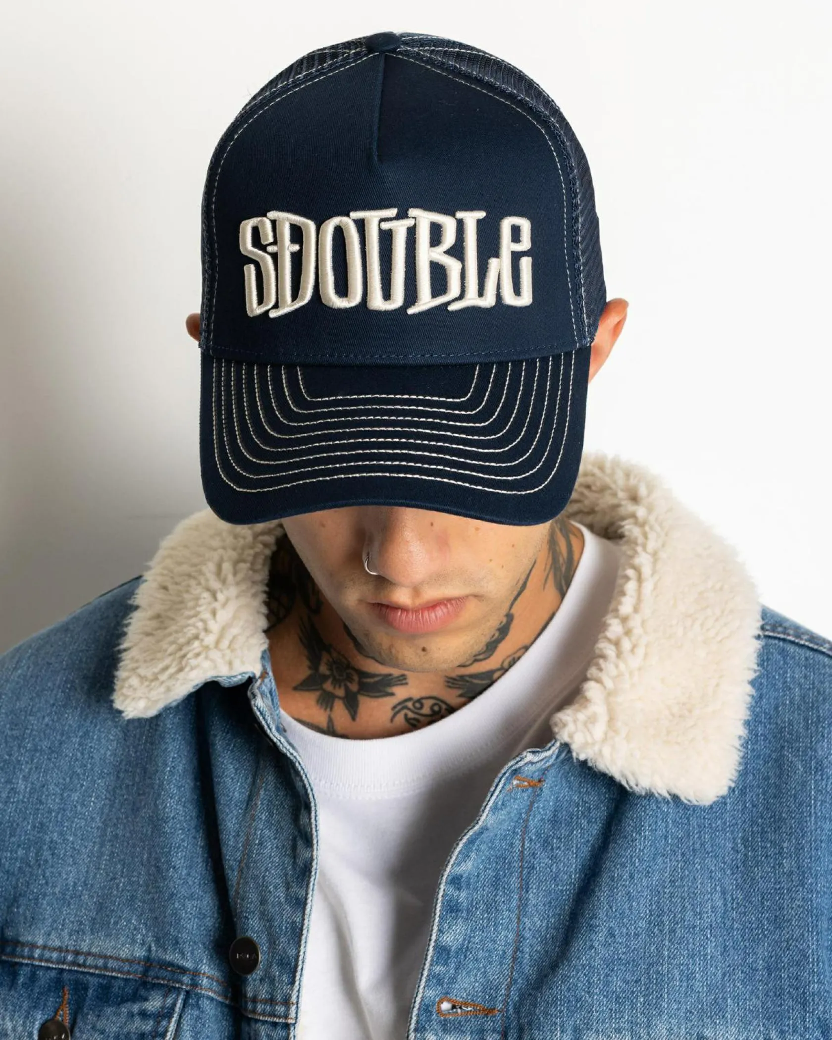 S-Double Mid-Block Curved Peak Trucker Cap Navy Clearance