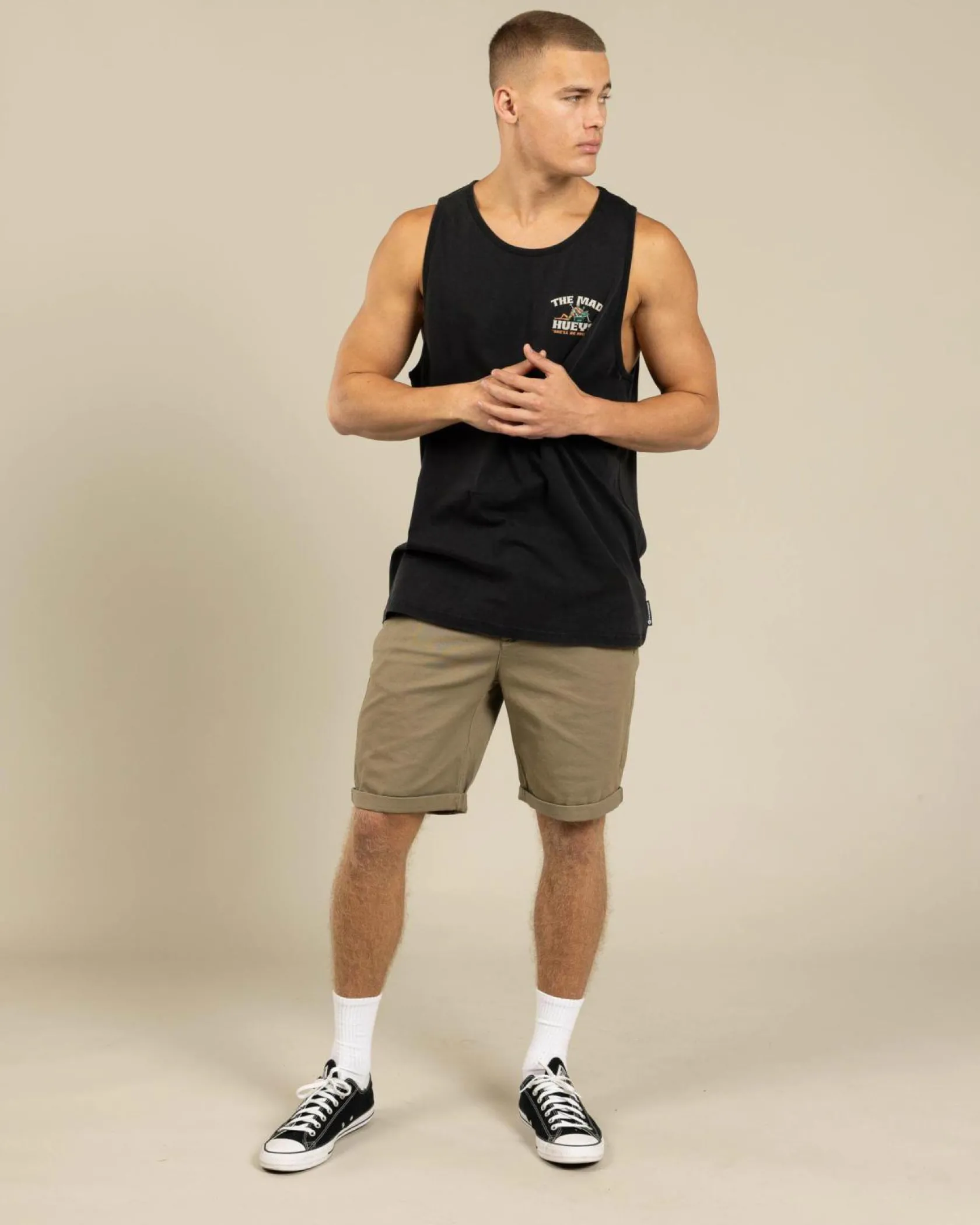 The Mad Hueys She'll Be Right Singlet Washed Black Clearance