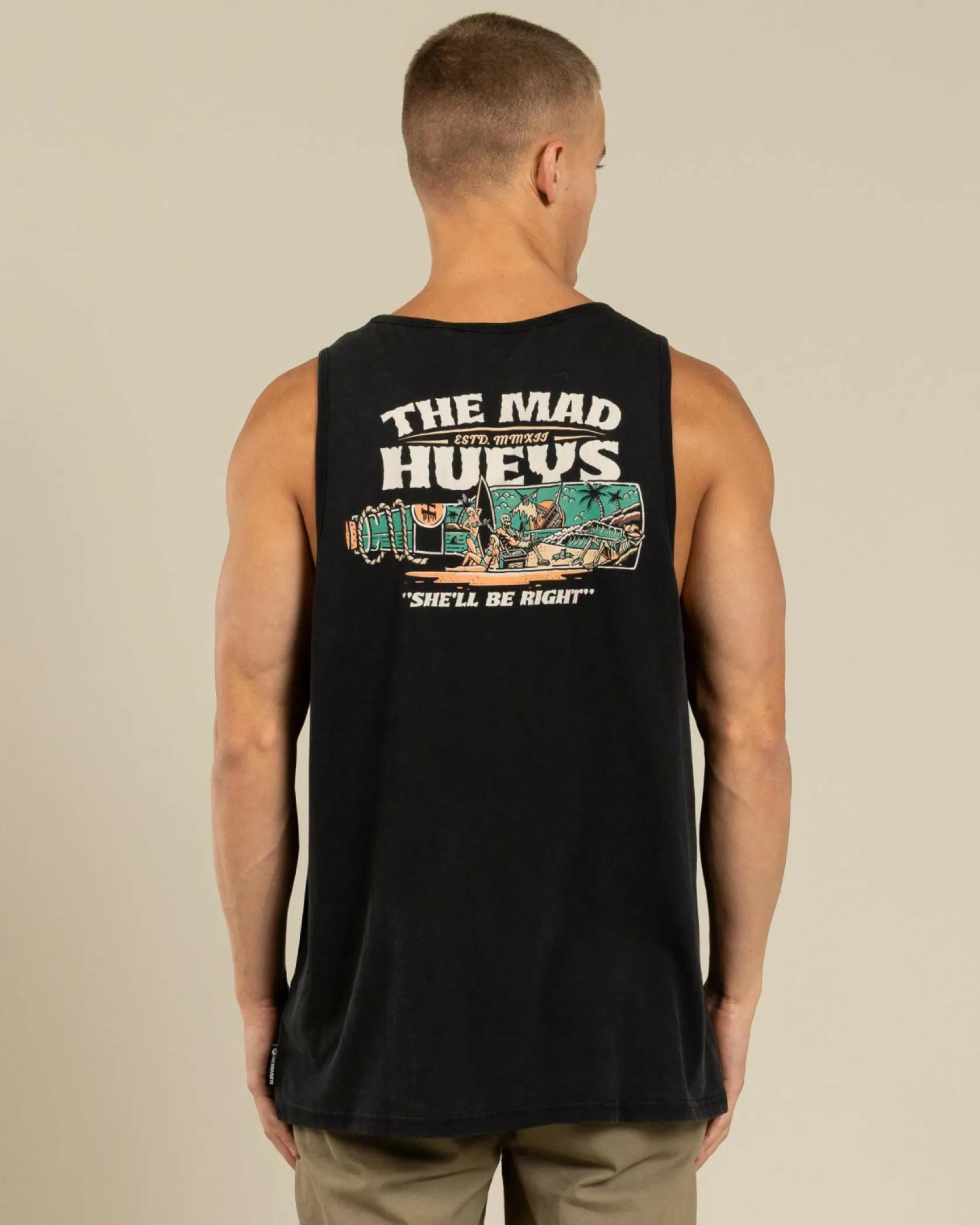 The Mad Hueys She'll Be Right Singlet Washed Black Clearance