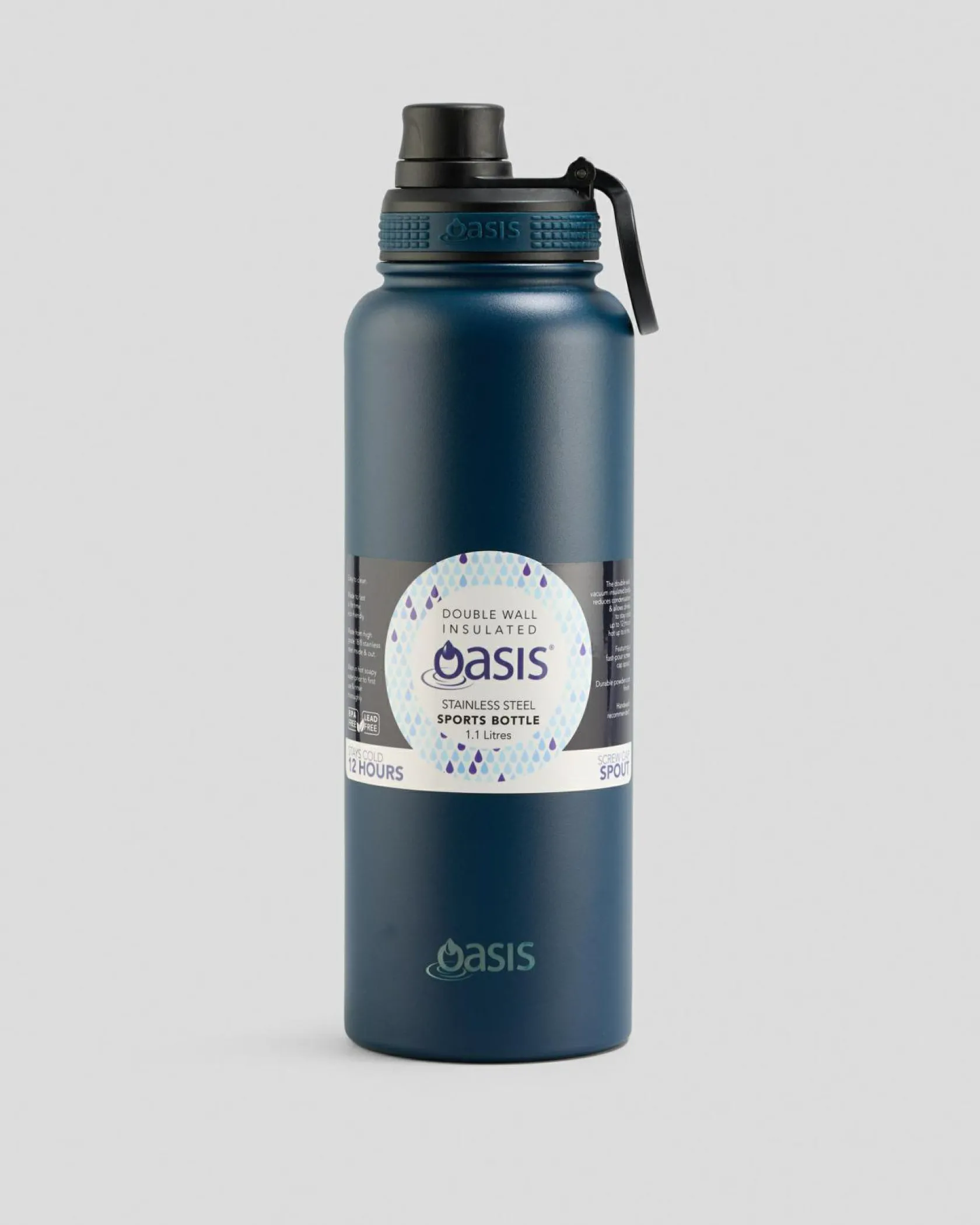 Oasis Stainless Steel 1.1L Challenger Drink Bottle Navy New