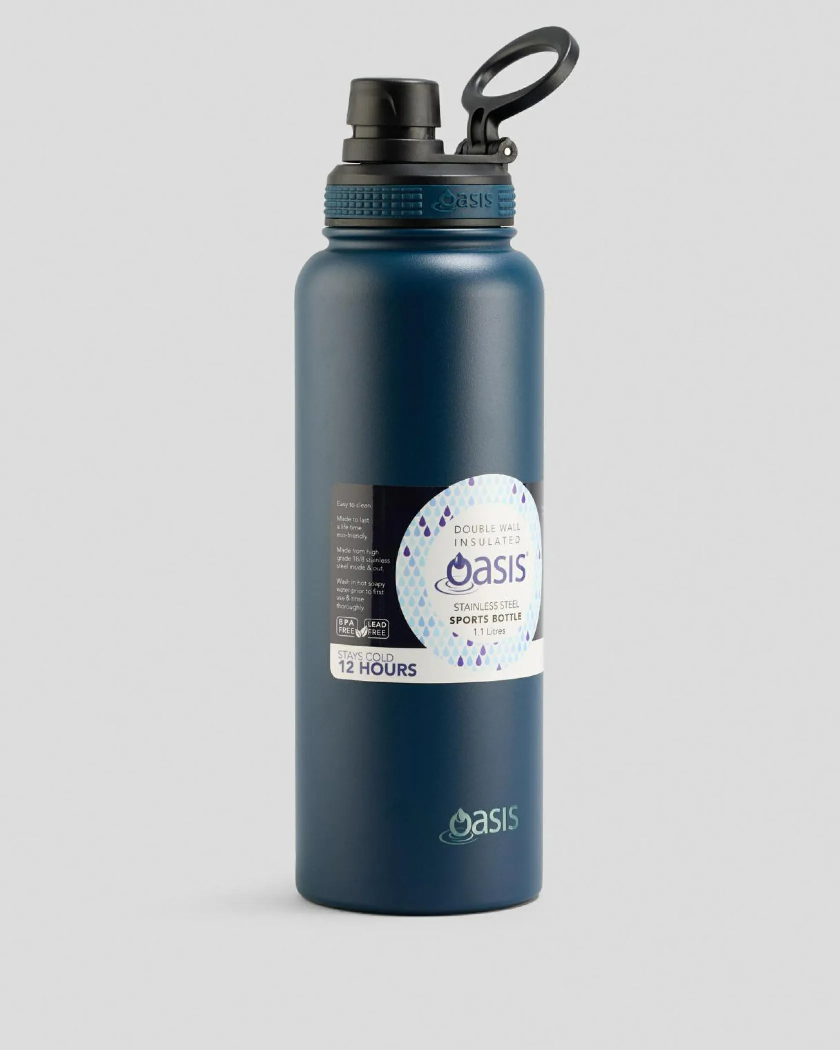 Oasis Stainless Steel 1.1L Challenger Drink Bottle Navy New