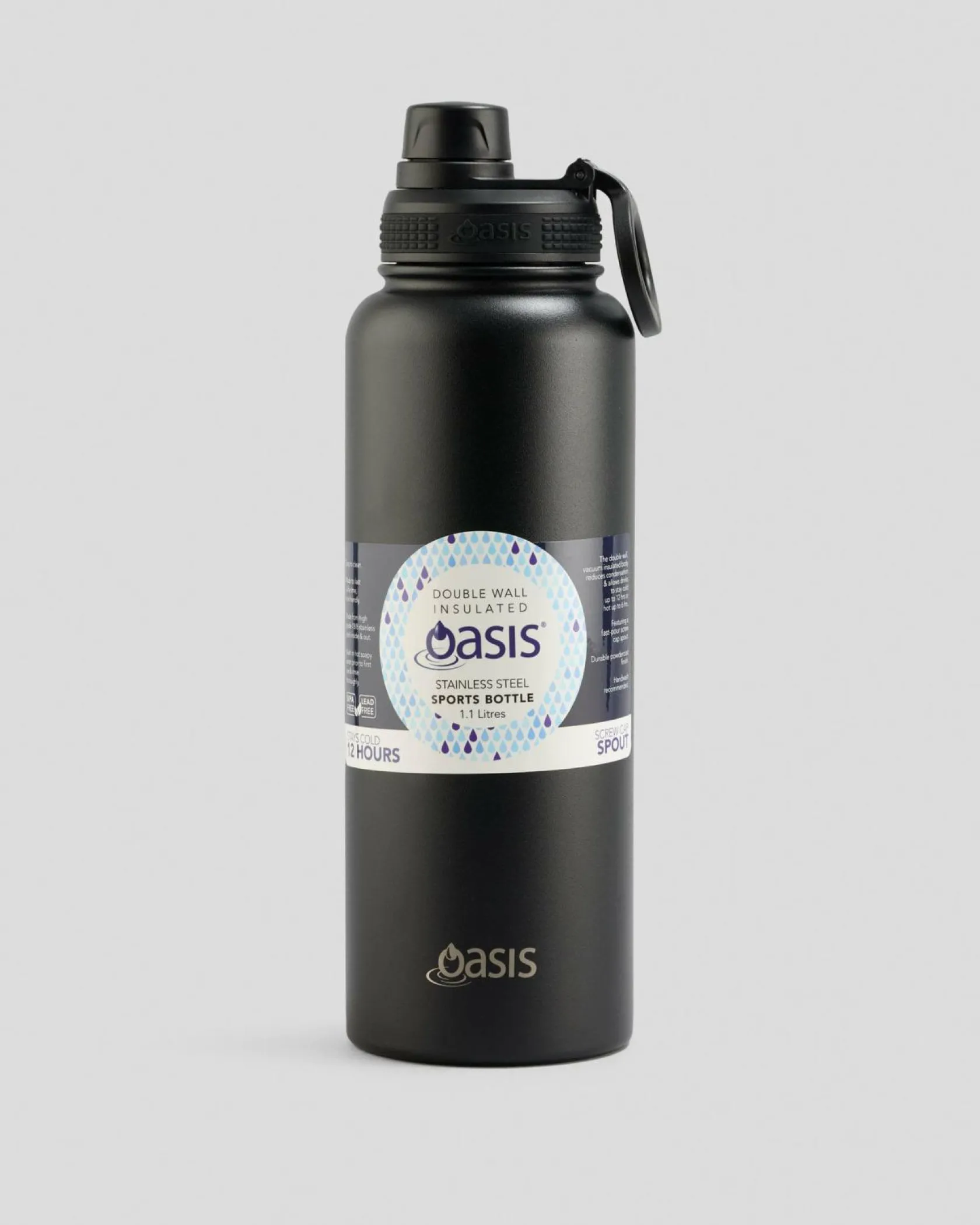 Oasis Stainless Steel 1.1L Challenger Drink Bottle Black New