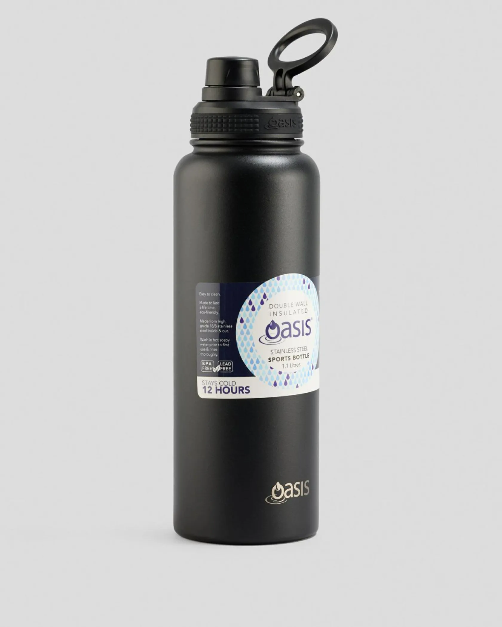Oasis Stainless Steel 1.1L Challenger Drink Bottle Black New