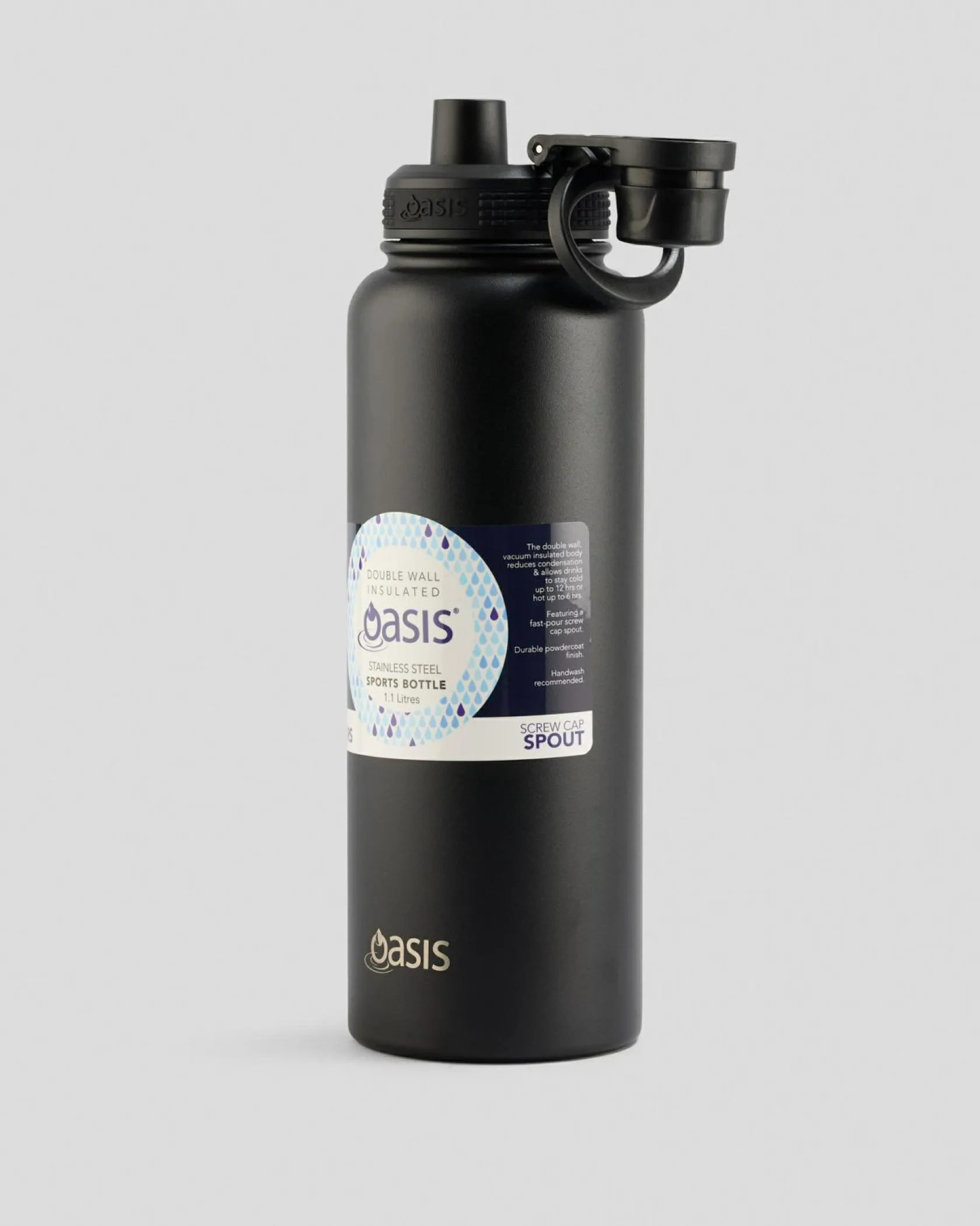 Oasis Stainless Steel 1.1L Challenger Drink Bottle Black New