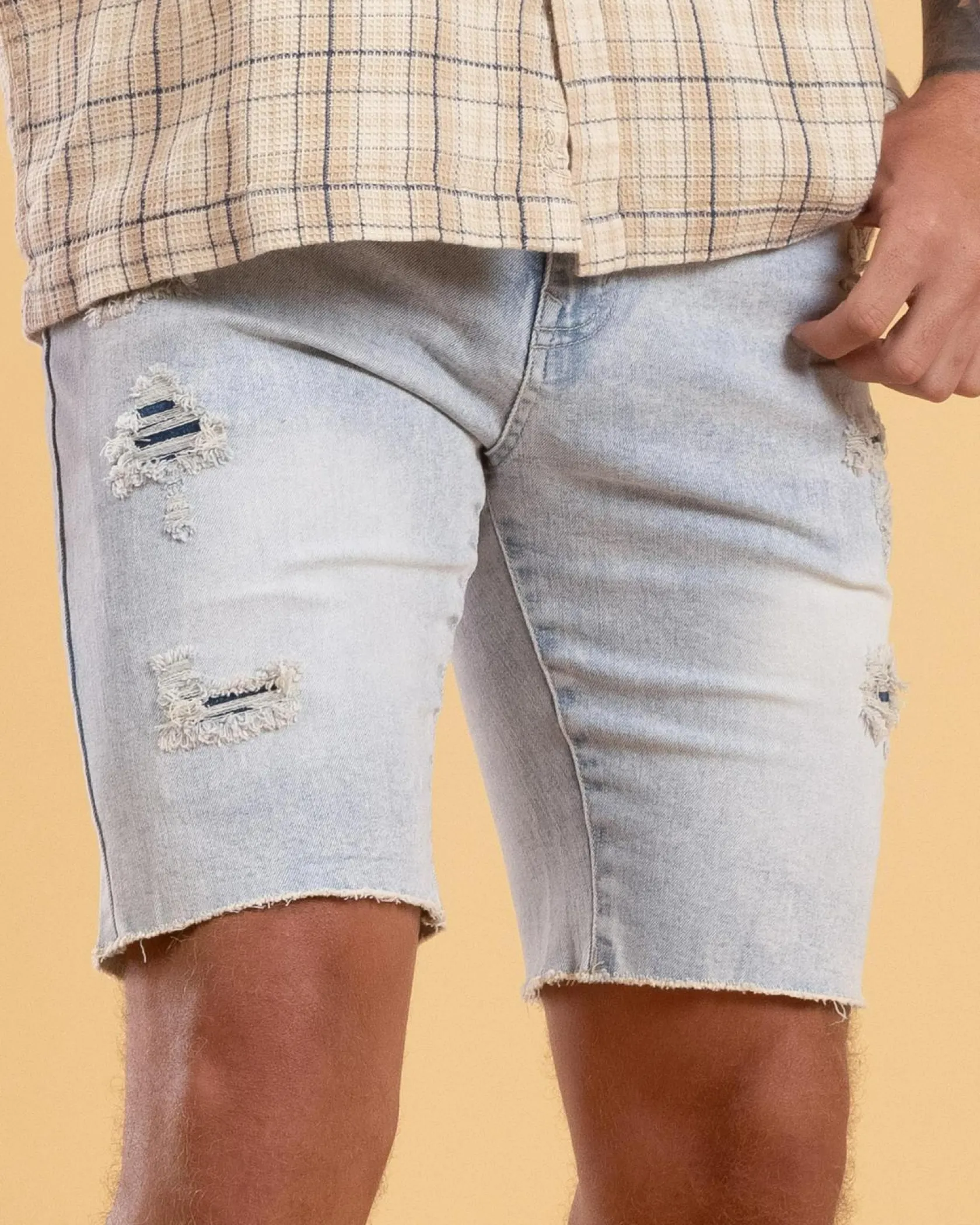 Lucid Torn Denim Walk Shorts Light Blue Denim Discount