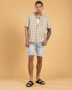 Lucid Torn Denim Walk Shorts Light Blue Denim Discount