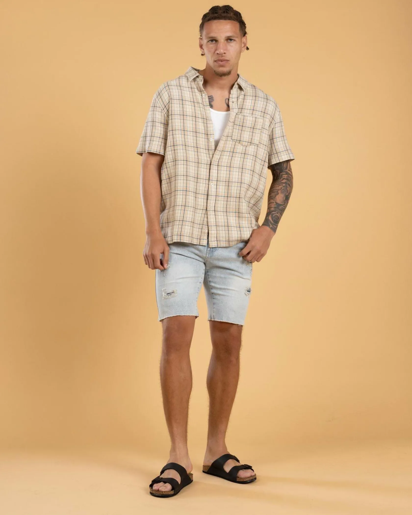 Lucid Torn Denim Walk Shorts Light Blue Denim Discount