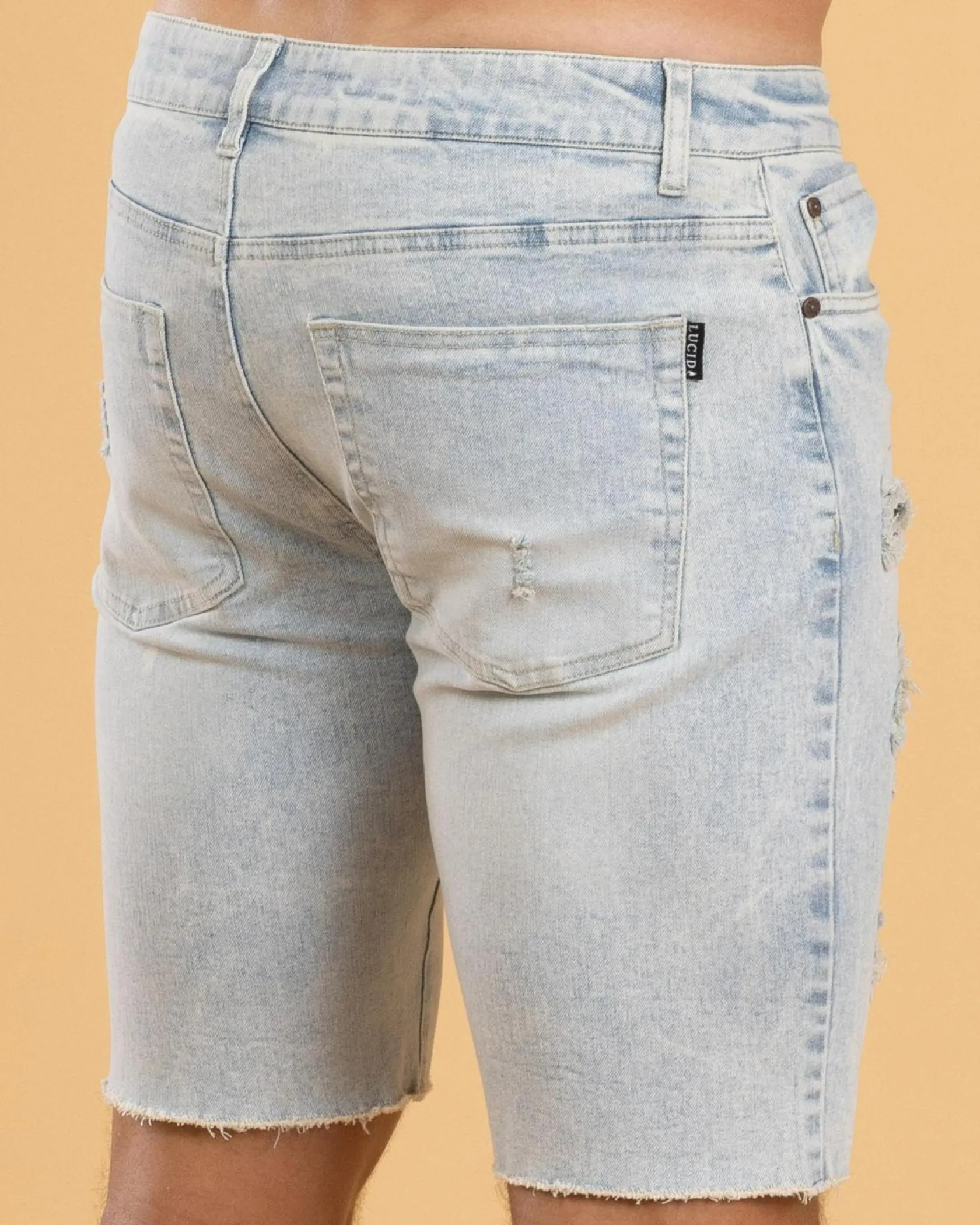 Lucid Torn Denim Walk Shorts Light Blue Denim Discount