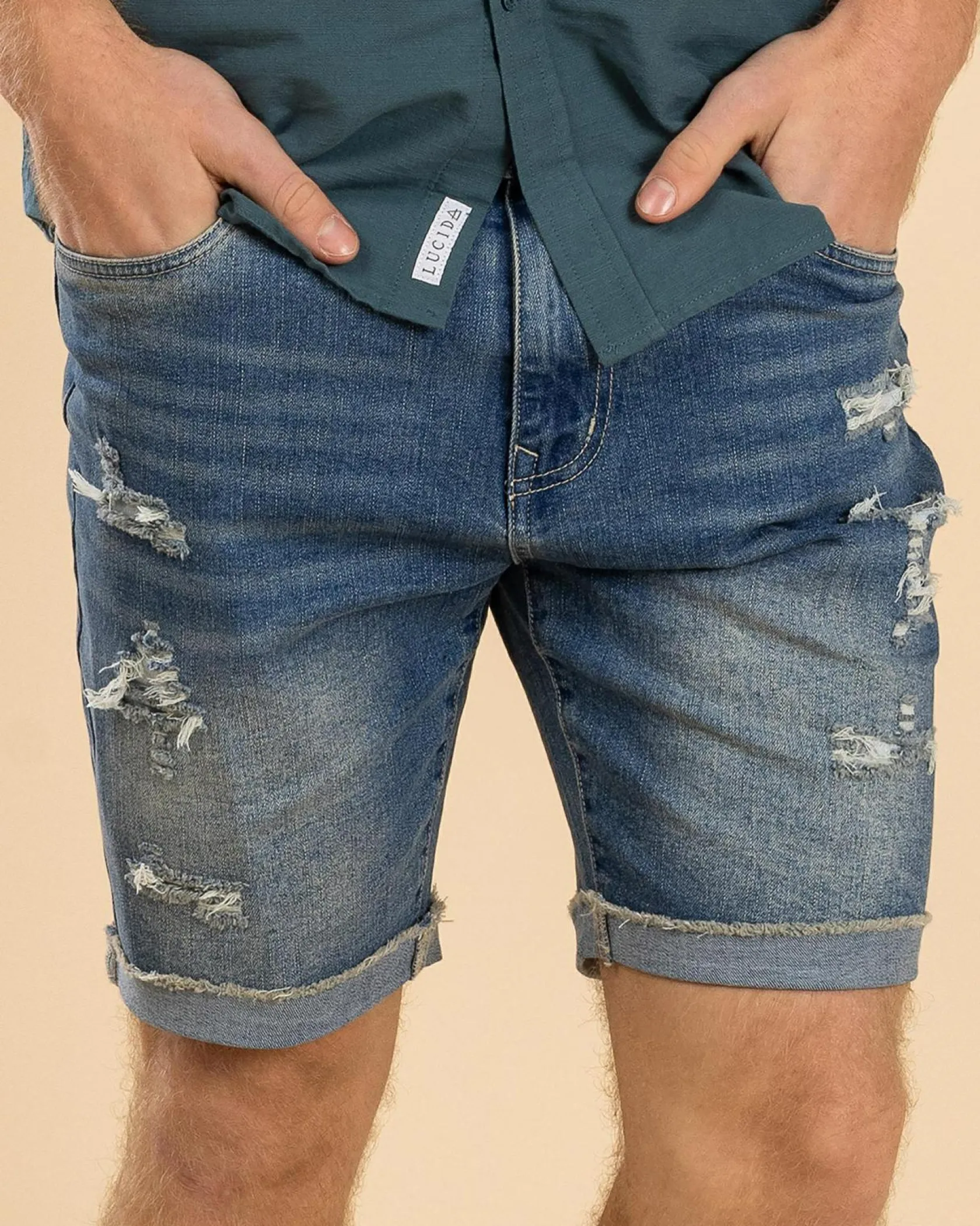 Lucid Torn Denim Walk Shorts Mid Blue Hot