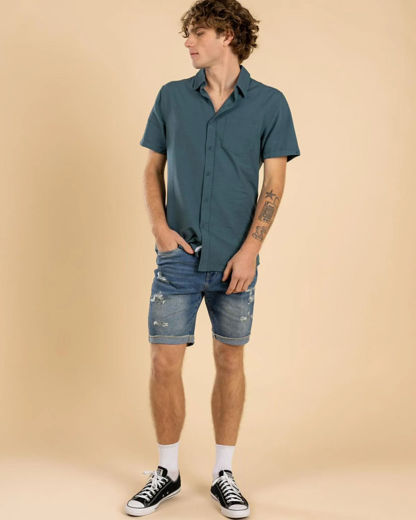 Lucid Torn Denim Walk Shorts Mid Blue Hot