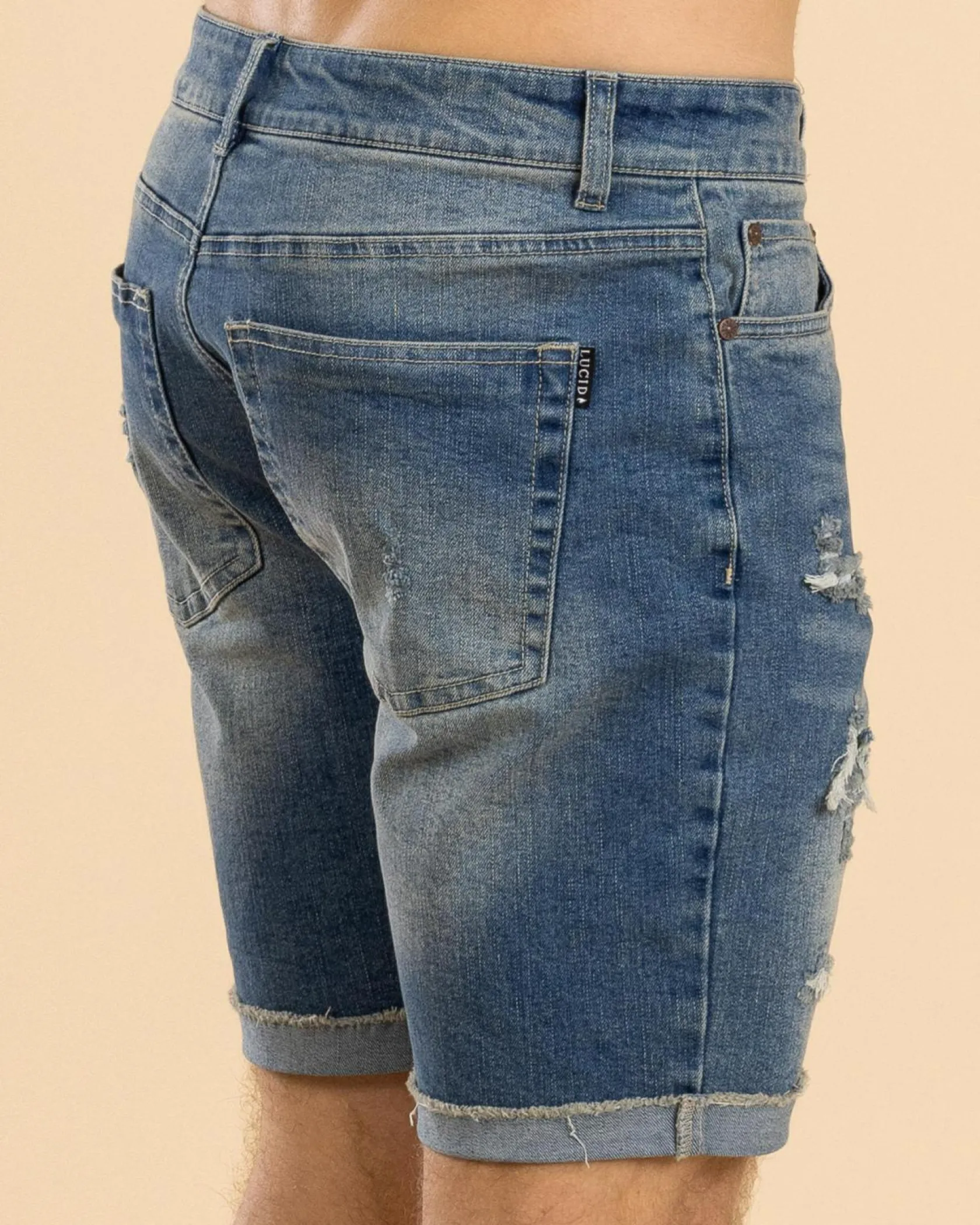 Lucid Torn Denim Walk Shorts Mid Blue Hot