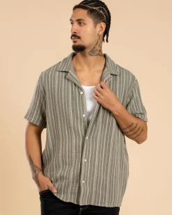 RVCA Vacancy Stripe Short Sleeve Shirt Light Olive Discount