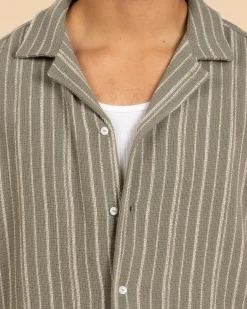 RVCA Vacancy Stripe Short Sleeve Shirt Light Olive Discount