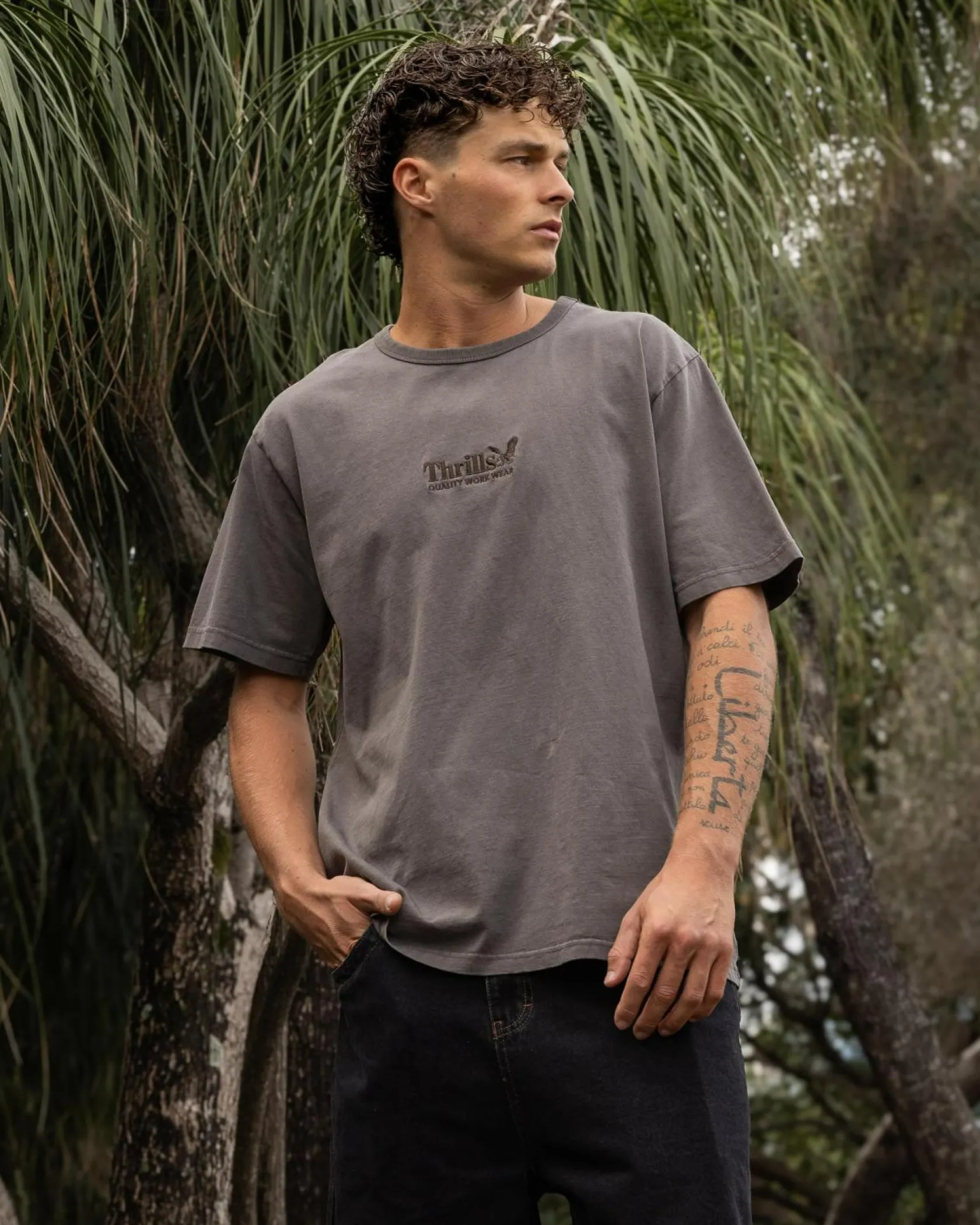 Thrills Workwear Embro Merch Fit T-Shirt Charcoal Rose Online
