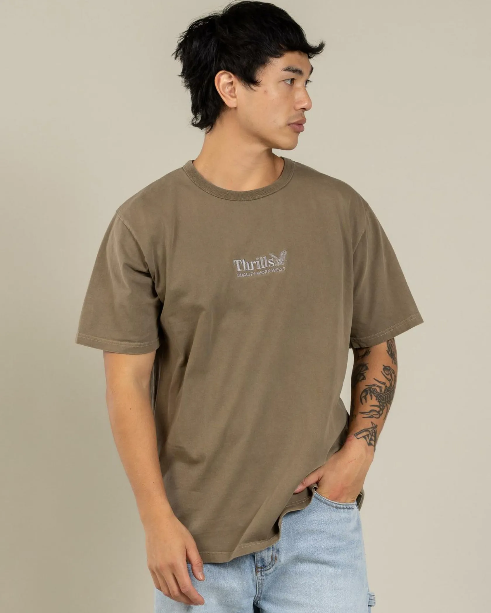 Thrills Workwear Embro Merch Fit T-Shirt Desert Clearance