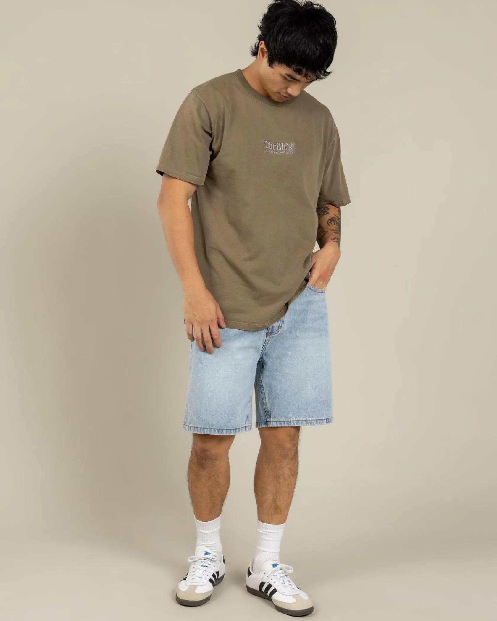 Thrills Workwear Embro Merch Fit T-Shirt Desert Clearance