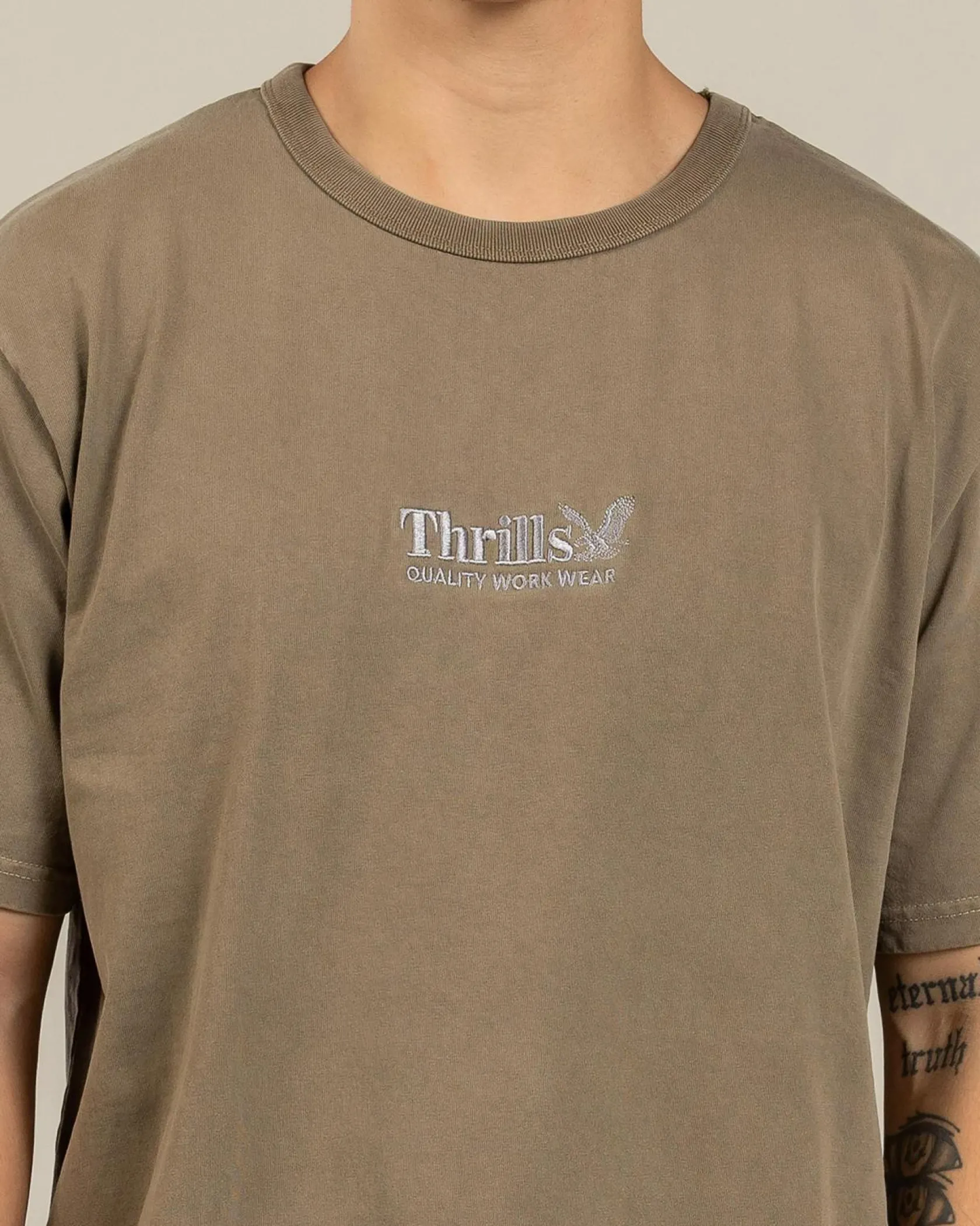 Thrills Workwear Embro Merch Fit T-Shirt Desert Clearance